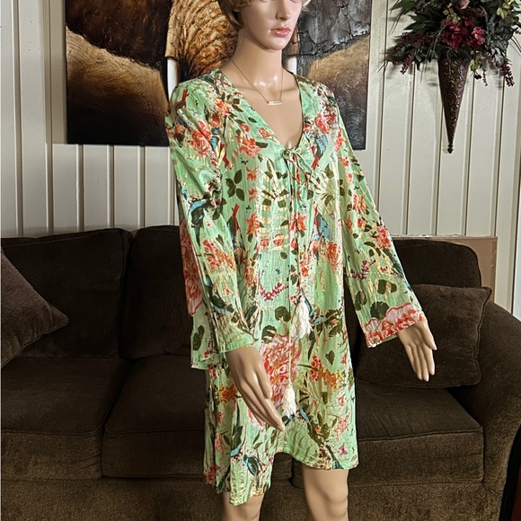 Caribbean Joe ~ Large ~ Green W/ Gold & Red Floral Tunic Swim Coverup Dress - Picture 11 of 15